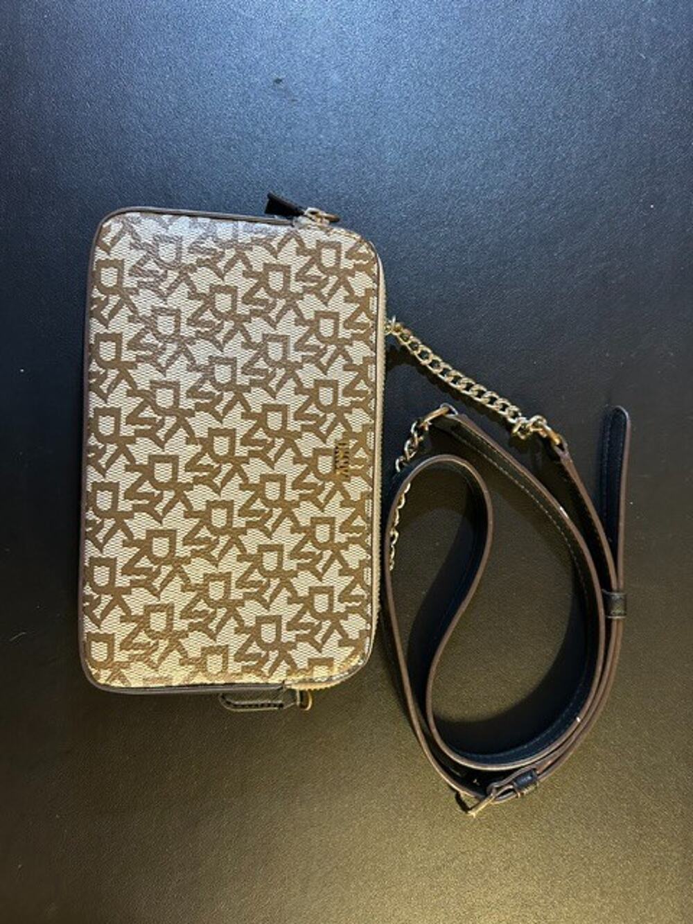 DKNY Veronica Double Zip Crossbody Bag Women's Small Logo Jacquard Tan